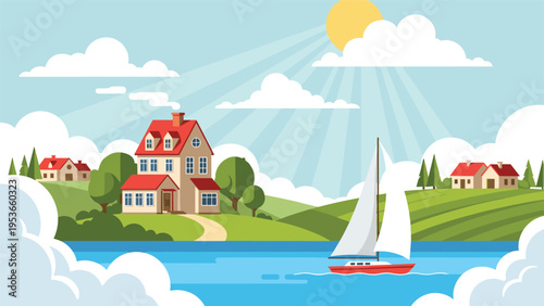 Idyllic seaside scene features colorful houses on rolling green hills and a red sailboat gliding across calm blue water.