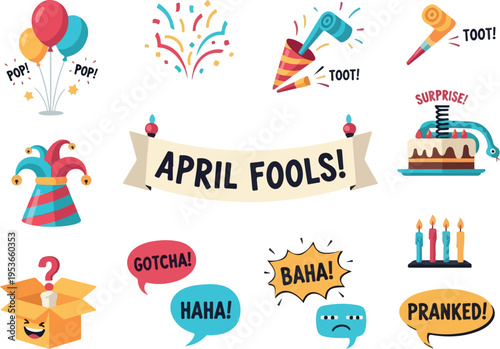 April Fools' Day celebration elements, including confetti, party poppers, balloons, jester hat, surprise box, and birthday cake for a playful holiday prank