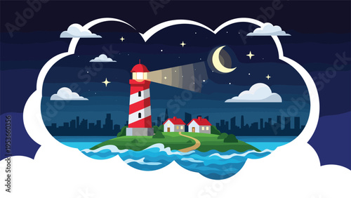 Bright lighthouse beams light across the ocean from a small island at night with a city skyline and moon in the distance.
