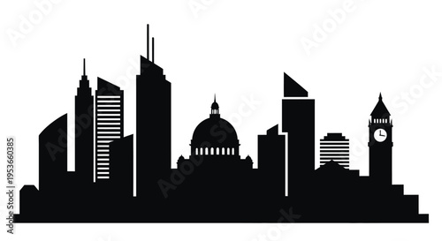 A stark black silhouette of a modern city skyline with iconic landmarks