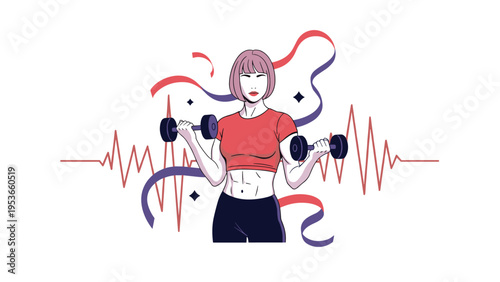 Fitness girl training hard with dumbbells and showing her muscles on background with abstract colorful ribbon and heart pulse line.
