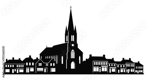 A striking black silhouette of a church and adjacent town buildings