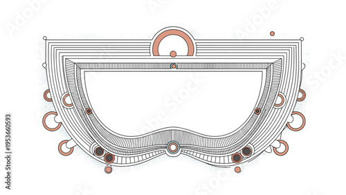 Intricate abstract design of an eye shape composed of many lines and circular patterns in black and copper colors.