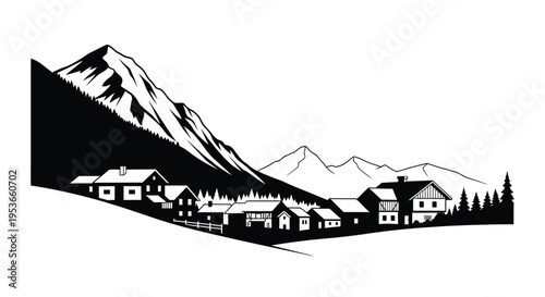 A stark black and white illustration of a village nestled by mountains