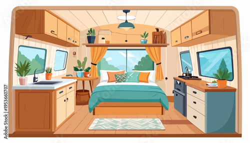 Interior of a cozy camper trailer.