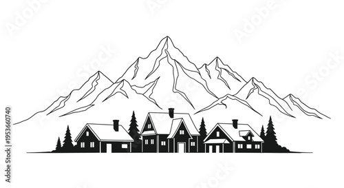 A black and white illustration of houses nestled by snowy mountains