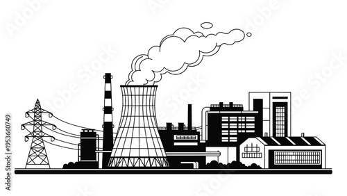 Detailed black and white silhouette of an industrial factory complex with smoke stacks and power lines for business icon.