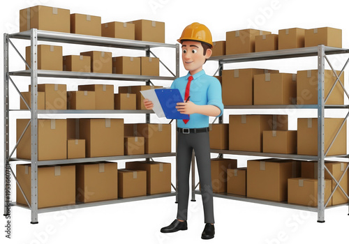A man in a warehouse checking inventory on a clipboard isolated on transparent background
