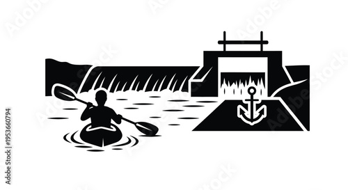 Kayaker paddles near a dam and waterway with a nautical anchor