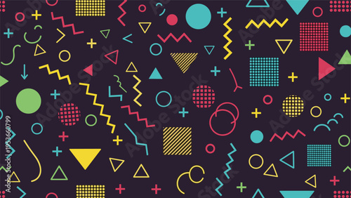 Vibrant seamless Memphis style pattern with colorful geometric shapes and lines on dark purple background for modern design.