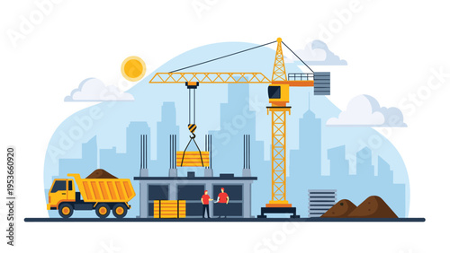 Busy construction site scene with industrial crane, workers, materials, and city skyline in the background on a sunny day.