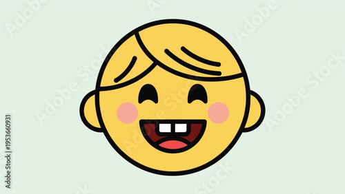 Cute cartoon illustration of a happy smiling baby face with blonde hair and two small teeth on light green background.