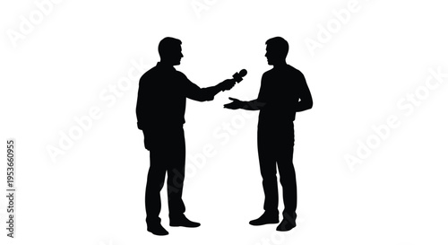 Silhouette of a reporter interviewing a man with expressive gestures
