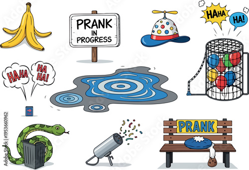 Collection of pranks and practical jokes illustrations including banana peel, snake, confetti cannon, and prank sign