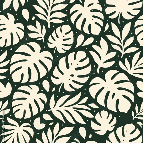 Minimal Tropical Monstera Seamless Pattern with Palm Leaves, Botanical Flat Vector Background, Modern Organic Textile Design for Fabric, Wallpaper and Packaging