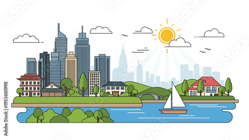 Modern city landscape with tall skyscrapers, park with houses, and a white sailboat on the river under a bright sun.