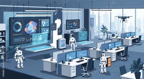 Robots and drones working in a modern office environment.
