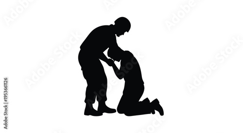 Silhouette of a man assisting another kneeling on the ground