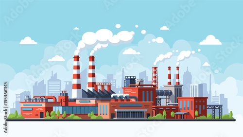 Large modern industrial factory complex with red buildings and smoke stacks in a city landscape under a cloudy sky.