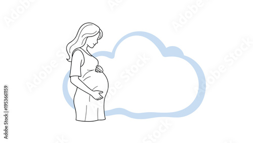 Simple line drawing of a pregnant woman standing gracefully in front of a blue cloud outline on white background.
