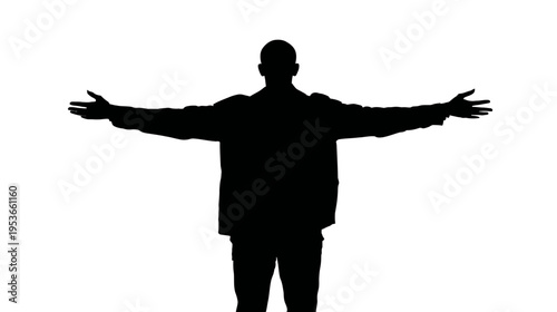 Full body silhouette of a man standing with arms wide open, expressing freedom, welcome, and achievement on a pure white backdrop.