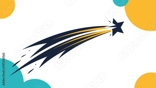 Dynamic illustration of a shooting star with orange and dark blue trails on a white background with decorative circles.