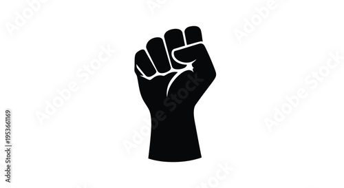 A black silhouette of a raised fist against a white background