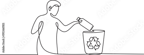 Continuous line drawing of a person recycling a plastic bottle One line draw graphic design vector