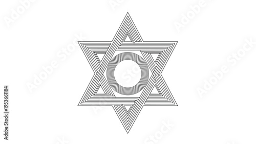 Artistic geometric Star of David symbol created with many fine black lines on a clean and minimalist white background.