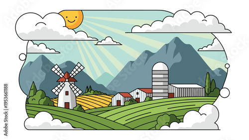 Beautiful rural farm landscape with a windmill, barn, fields, and high mountains under a bright sunny sky in a cloud frame.
