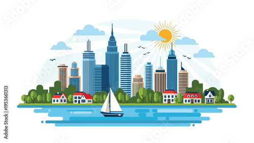 Urban city skyline panorama by the water with modern skyscrapers, small houses, and a sailboat under a bright sun for city travel concept.