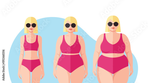 Three women with different body types wearing pink bikinis and sunglasses standing together representing body positivity and diverse beauty.