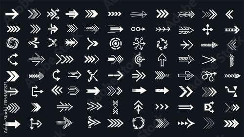 Large set of various white arrow icons on a dark background showing different styles for user interface design and directional navigation.