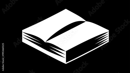 Minimalist white open book isometric icon on black. Symbol for education, learning, knowledge, reading, study, library concept.