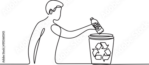 Continuous line drawing of a person recycling a plastic bottle One line draw graphic design vector
