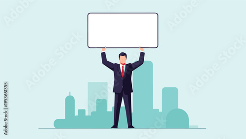 Businessman in a suit holding a blank white sign board above his head against a stylized city background for message promotion.