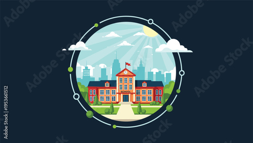 Educational school building illustration enclosed in a circular frame with trees and a city skyline background under a bright sun.