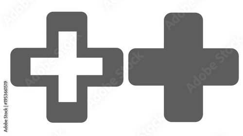 Vector graphic of two plus symbols: one outline and one solid, representing addition, positive value, or medical assistance