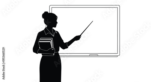Silhouette of a woman presenting with books and a pointer