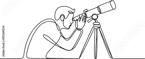 Continuous one line drawing of a man observing out space with Telescope - astronomy tool. A man looking into a telescope outline illustration. One line draw graphic design vector