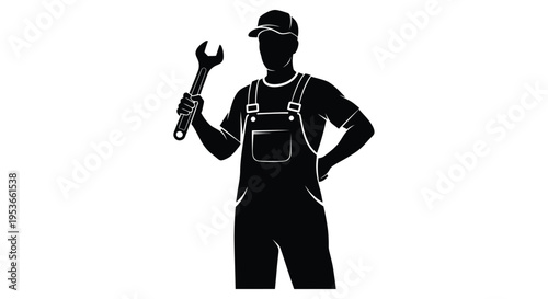 Silhouette of a mechanic holding a wrench wearing overalls and cap