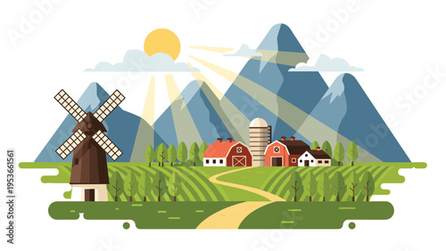 Scenic countryside landscape with a traditional windmill, farm houses, green fields, and tall mountains under a bright sunny sky.