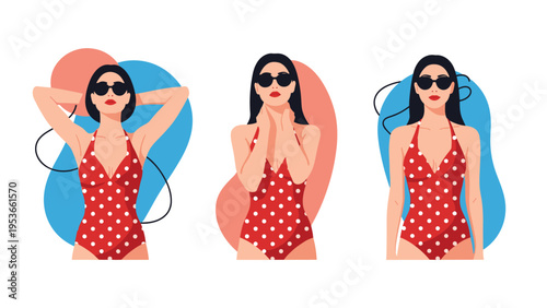 Three elegant women with black hair and sunglasses wearing red polka dot swimsuits standing against a colorful abstract background.