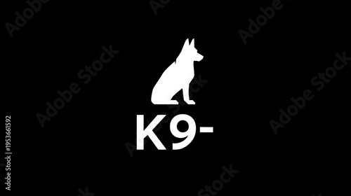 K9 dog silhouette sitting with a watchful pose on a black background. A white canine graphic for pet, animal, and police dog themes.