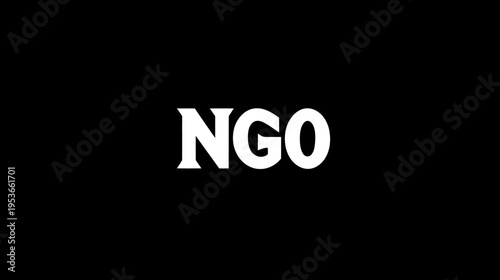 Bold white 'NGO' text on black background, representing non-governmental organizations, charity, social impact, and community service.
