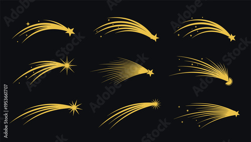 Set of nine golden shooting stars and comets with long trails on a dark background, symbolizing wishes, magic, success, and celestial movements.