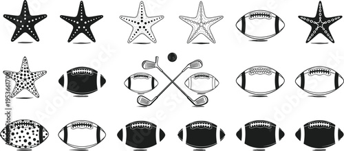 Black and white vector illustration of starfish, footballs, and golf equipment arranged in puzzle sequences, perfect for educational, cognitive skill, and design themes.