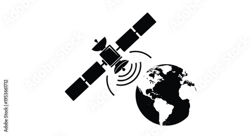 A satellite orbiting earth transmitting signals in a black and white design