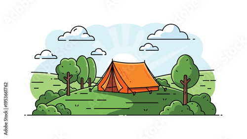 Vibrant orange camping tent set up on a grassy hill with trees and fluffy clouds, illustrating outdoor adventure, travel, and recreational activities.