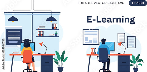 Students engaged in elearning at their desks focused on online education.